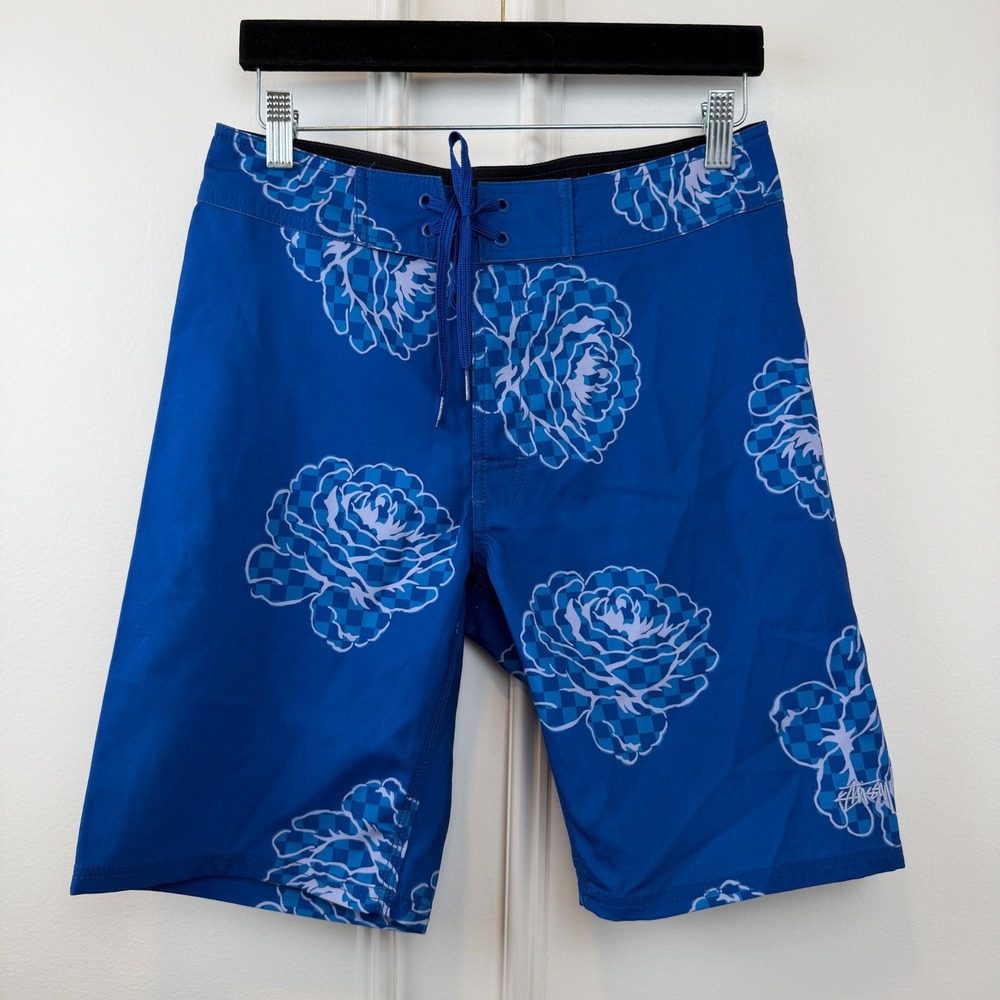 Stussy Mens Blue Floral Checkered Board Shorts Swim Trunks Size 28 RN94974